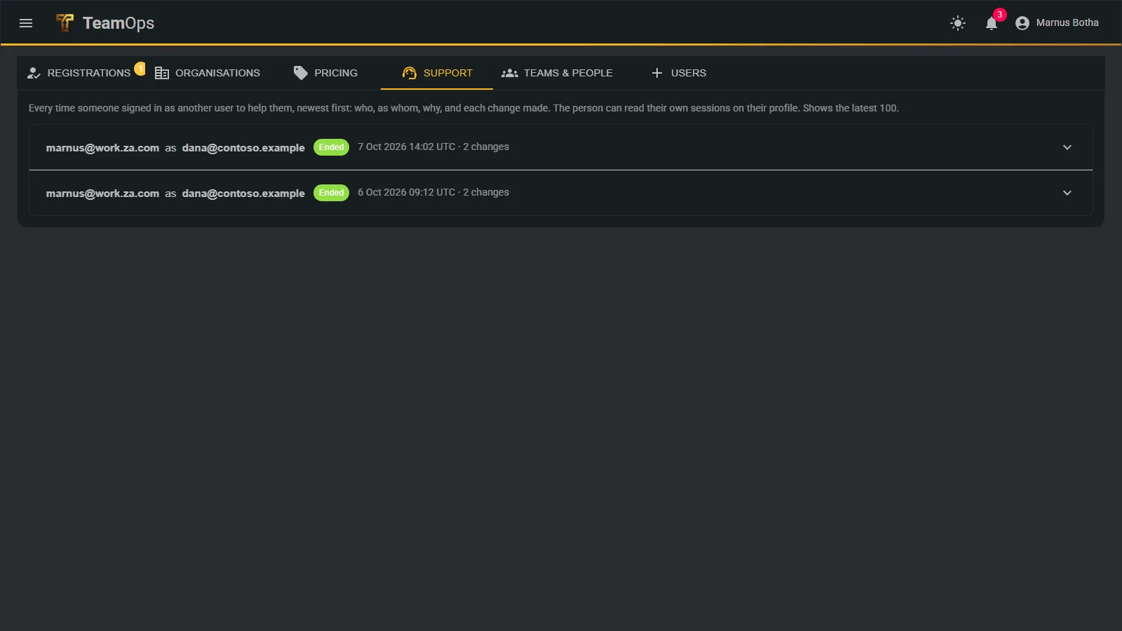 The support tab listing every session and what changed